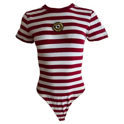 Pre-owned Donna Karan Dkny Red & White Cotton Striped T-shirt Bodysuit, Size Small
