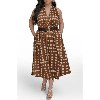 Donna Karan Dot Print Halter Midi Dress In Brown