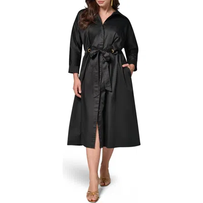 Donna Karan Drawstring Waist Stretch Midi Shirtdress In Black