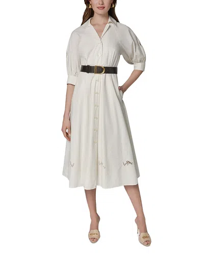 Donna Karan New York Embroidered Puff Sleeve Belted Cotton Shirtdress In White