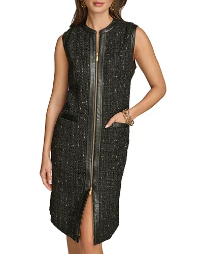 Donna Karan Faux Leather Tweed Shift Dress In Black/gold