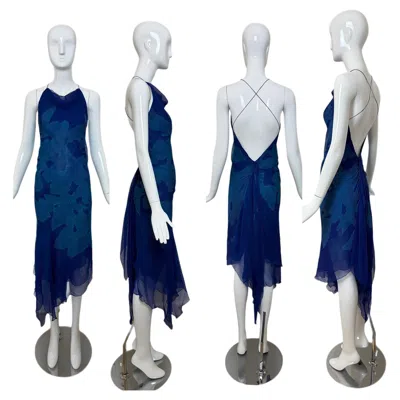 Pre-owned Donna Karan (flawed) 2000 Vintage Runway Silk Blue Backless Halter Dress