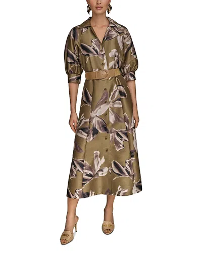 DONNA KARAN FLORAL A LINE BELTED SHIRT DRESS