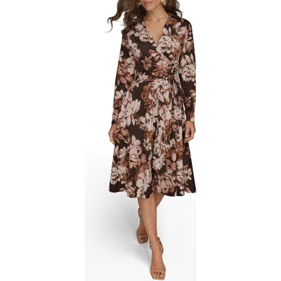 Donna Karan Floral Long Sleeve Faux Wrap Midi Dress In Multi