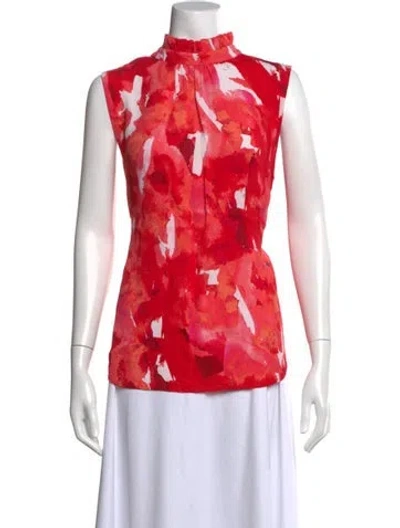 Pre-owned Donna Karan Floral Print Mock Neck Top In Red