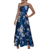 Donna Karan New York Floral Print Strapless Gown In Blue