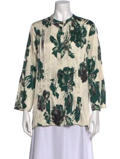 Pre-owned Donna Karan Floral Print Three-quarter Sleeve Blouse In Neutral