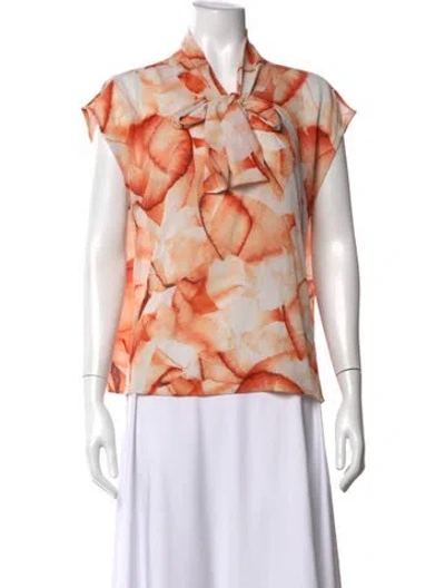Pre-owned Donna Karan Floral Print Tie Neck Blouse In Orange
