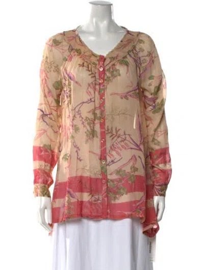 Pre-owned Donna Karan Floral Print V-neck Blouse In Neutral