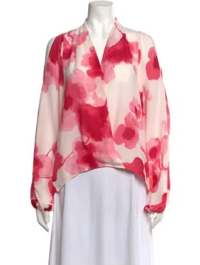Pre-owned Donna Karan Floral Print V-neck Blouse In Red