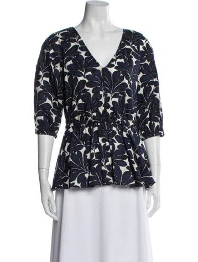 Pre-owned Donna Karan Floral Print V-neck Top In Blue