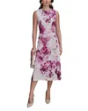 Donna Karan Floral Satin Gathered Waist Dress In Red