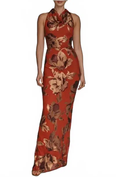 Donna Karan Floral Sequin Embellished Halter Maxi Gown In Brown/orange In Multi