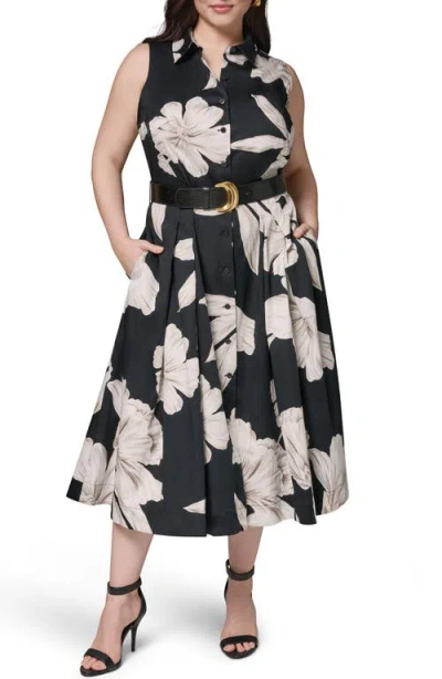 Donna Karan Floral Sleeveless Stretch Cotton Shirtdress In Black