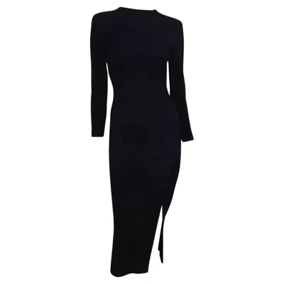 Pre-owned Donna Karan F/w 1989  Runway Navy Blue Stretch Wool Slit Long Sleeve Midi Dress