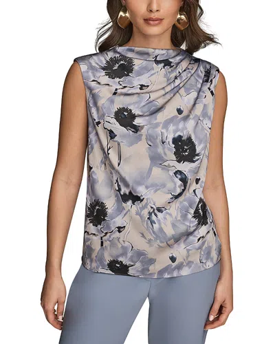 Donna Karan New York Floral Draped Sleeveless Cowl Neck Top In Blue