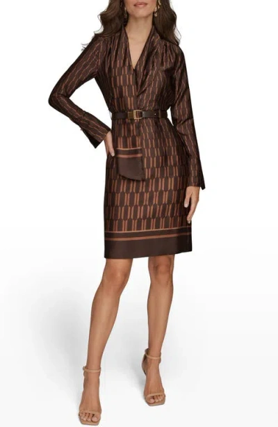 DONNA KARAN DONNA KARAN NEW YORK GEO PRINT LONG SLEEVE SATIN DRESS