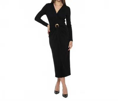 Donna Karan Gold Accent Long Sleeve Midi Dress In Black