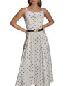Donna Karan New York Polka Dot Belted Linen Blend Midi Dress In White