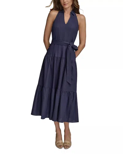 Donna Karan Linen Blend Halter A Line Dress In Ink In Blue