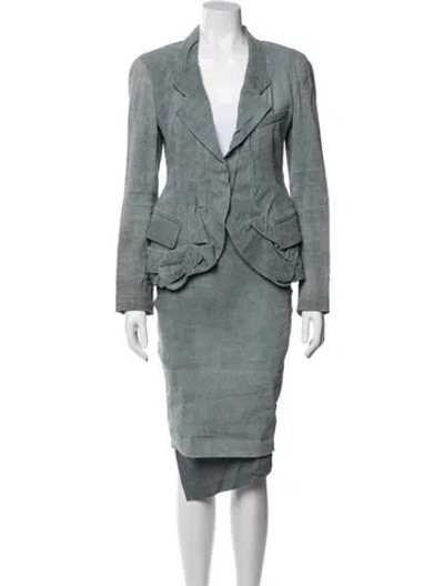 Pre-owned Donna Karan Linen Pleated Accents Skirt Suit In Blue