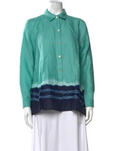 Pre-owned Donna Karan Linen Tie-dye Print Button-up Top In Blue