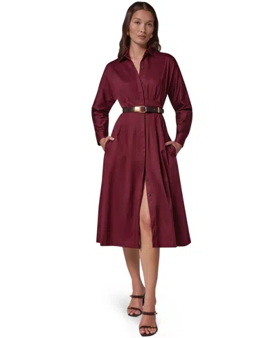 Donna Karan Long Sleeve Belted Midi Shirtdress In Burgundy