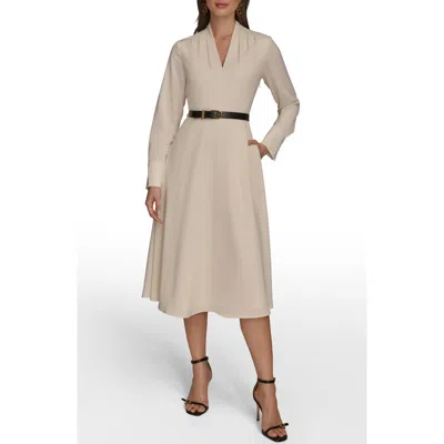 Donna Karan Long Sleeve Belted Satin Midi Dress In Neutral