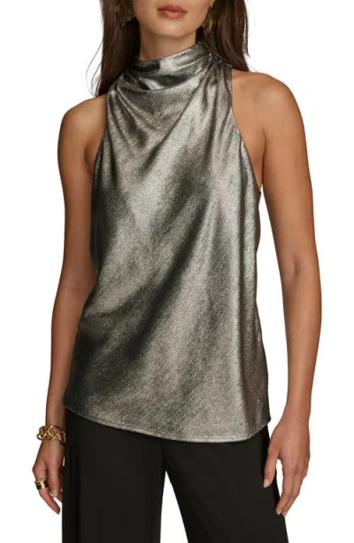 Donna Karan Metallic Cowl Neck Sleeveless Top In Silver