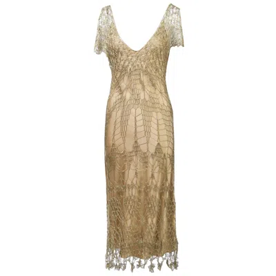 Pre-owned Donna Karan Metallic Gold Crochet Dress And Slip In Brown