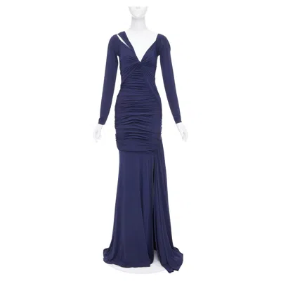 Pre-owned Donna Karan Navy Cold Shoulder Lunge Neck Draped Grecian Gown Dress L In Blue