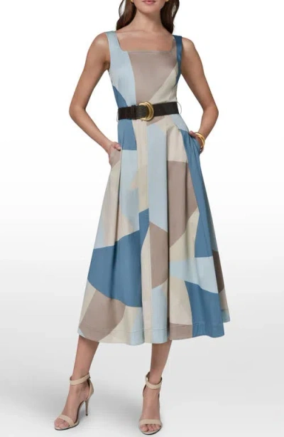 Donna Karan New York Abstract Pleated Sleeveless Belted Stretch Cotton Midi Dress In Multi