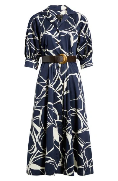 Donna Karan New York Abstract Print Belted Shirtdress In Blue