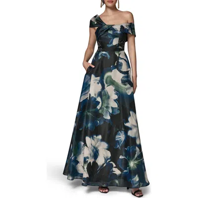 Donna Karan Printed Organza Off The Shoulder Gown In Black