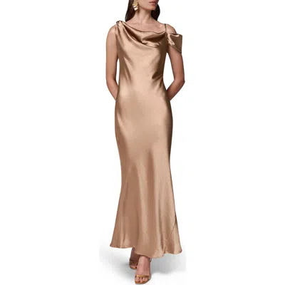 Donna Karan New York Asymmetric Shoulder Satin Gown In Brown