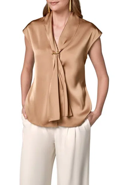 Donna Karan New York Bar Detail Satin V-neck Blouse In Brown