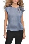 Donna Karan New York Beaded Cap Sleeve Satin Top In Gray