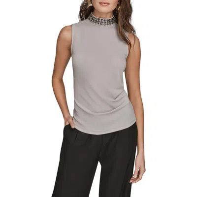 Donna Karan New York Beading Mock Neck Sleeveless Top In Gray