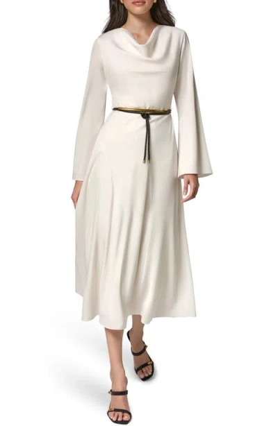 Donna Karan Satin Long Sleeve Cowl Neck Belted A-line Dress In White