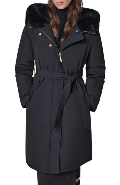 Donna Karan New York Belted Coat With Faux Fur Lined Hood In Blue