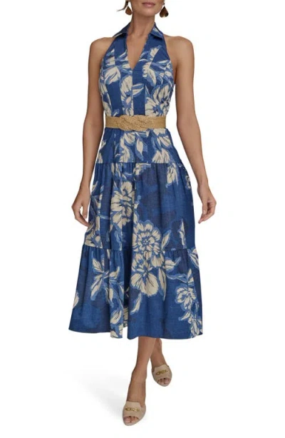 Donna Karan New York Belted Floral Halter Neck Midi Dress