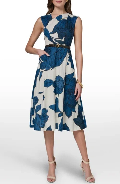 Donna Karan New York Belted Floral Linen Blend Fit & Flare Dress In Blue