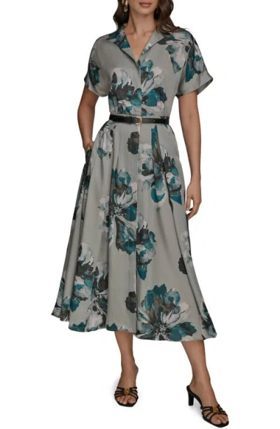 Donna Karan New York Belted Floral Print Shirtdress In Gray