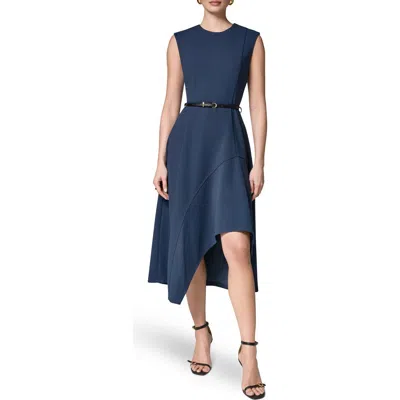Donna Karan New York Belted Flounce Stretch Dress In Blue