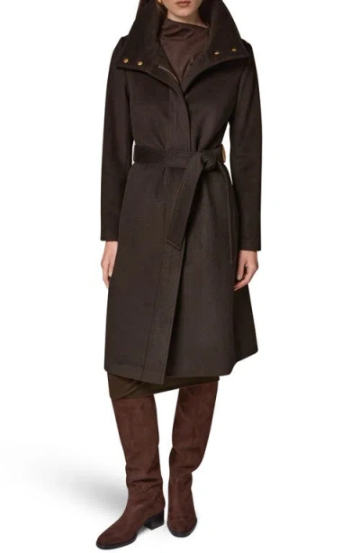 Donna Karan New York Belted Funnel Neck Wool Blend Coat In Brown