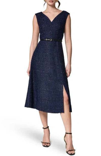 Donna Karan New York Belted Plaid Metallic Tweed Dress In Blue