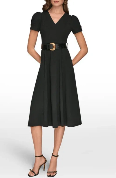 Donna Karan New York Belted Puff Sleeve Midi Dress In Black