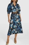 Donna Karan New York Floral Print Belted Long Sleeve Midi Dress In Horizon Multi