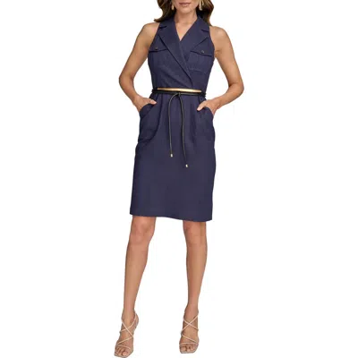 Donna Karan New York Belted Sleeveless Linen Blend Denim Dress In Ink