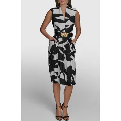 Donna Karan New York Belted Sleeveless Sheath Dress In Black/cream